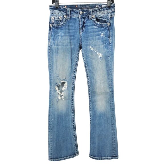 Miss Me Standard Boot Cut  Jeans READ Womens 26 Low Rise Distressed Ripped Denim - Picture 1 of 16